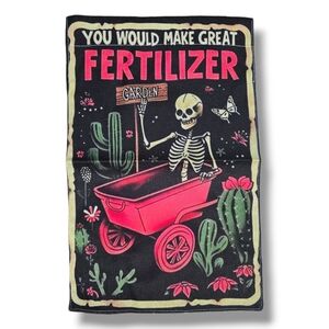 All Season Humorous Fertilizer Skeleton Garden Flag with Pink Accents NEW!